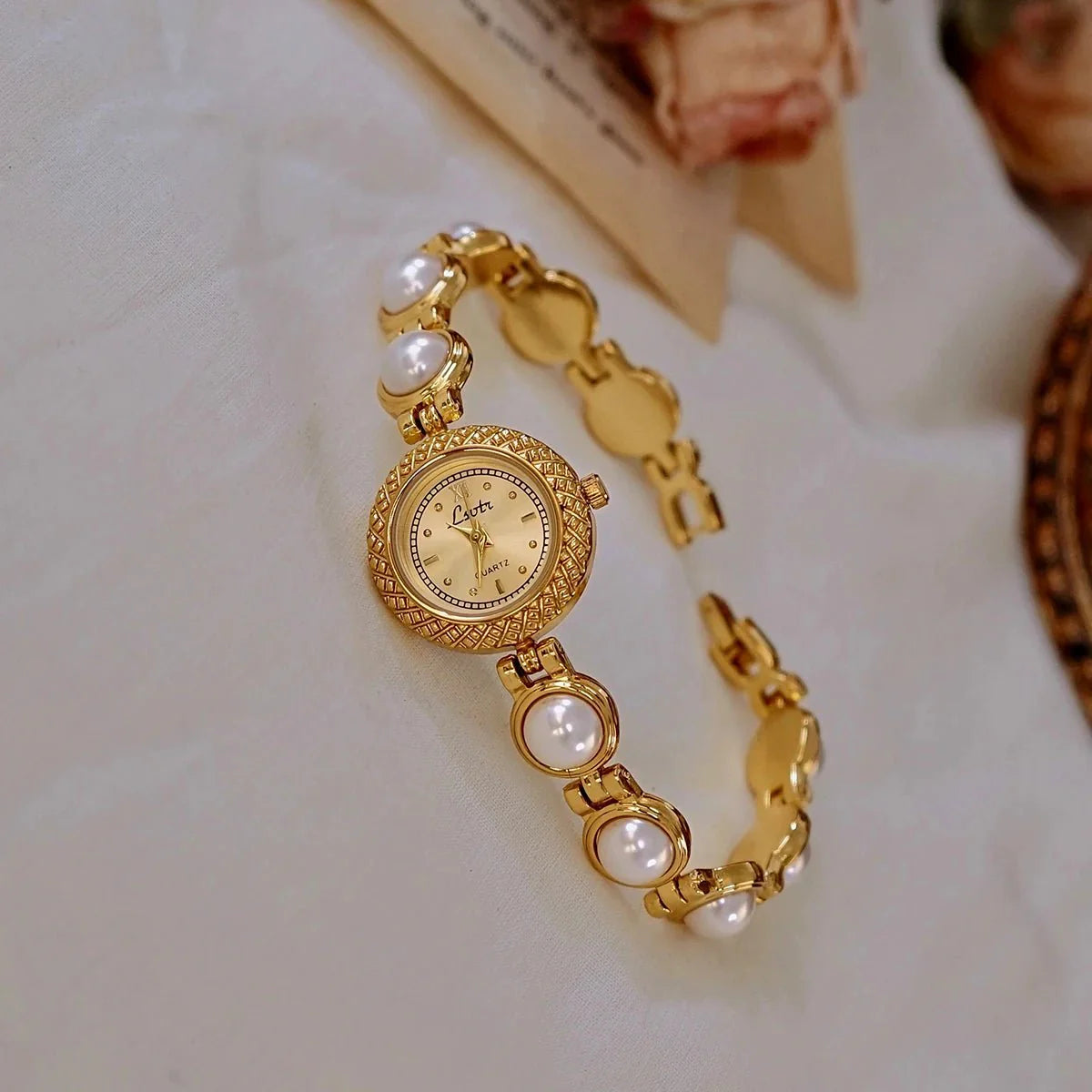 Anara Women's Watch - Elegant Golden Quartz Timepiece with Pearl Inlay